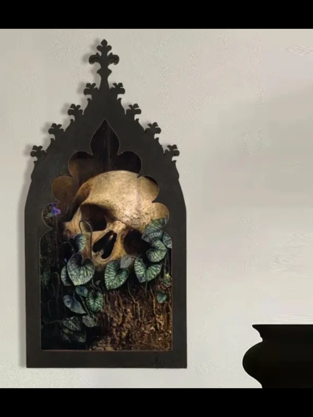 Dark Gothic Skull Wall Art with Greenery - Cathedral Frame